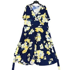 Kissmay Fit and flare Dress 22W Faux Wrap Midi Floral Summer Flowy Garden‎ Party